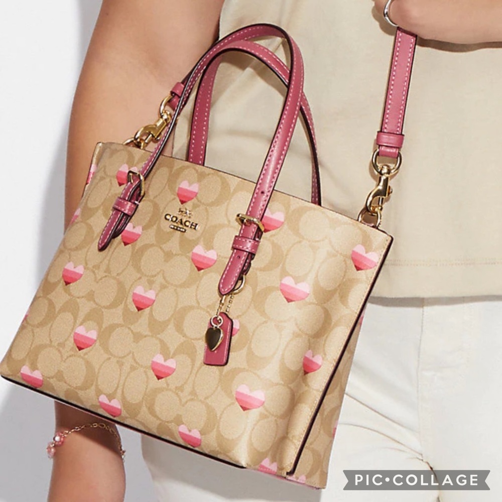 NWT COACH MOLLIE TOTE 25 IN SIGNATURE CANVAS STRIPE HEART PRINT GOLD/LIGHT KHAKI - Picture 5 of 12